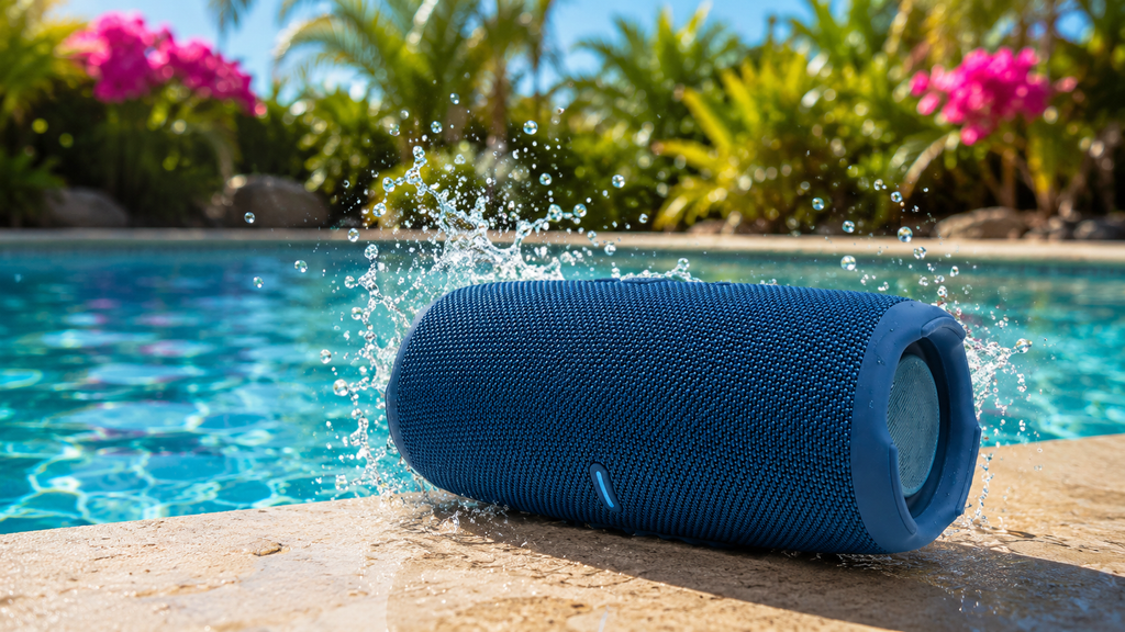 Bocina Charge 5 resistente al agua en piscina